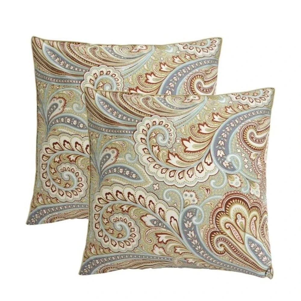 Paisley Print 2- Pillow Covers 100% Egyptian Cotton Khaki Quiet Luxury 16x16in